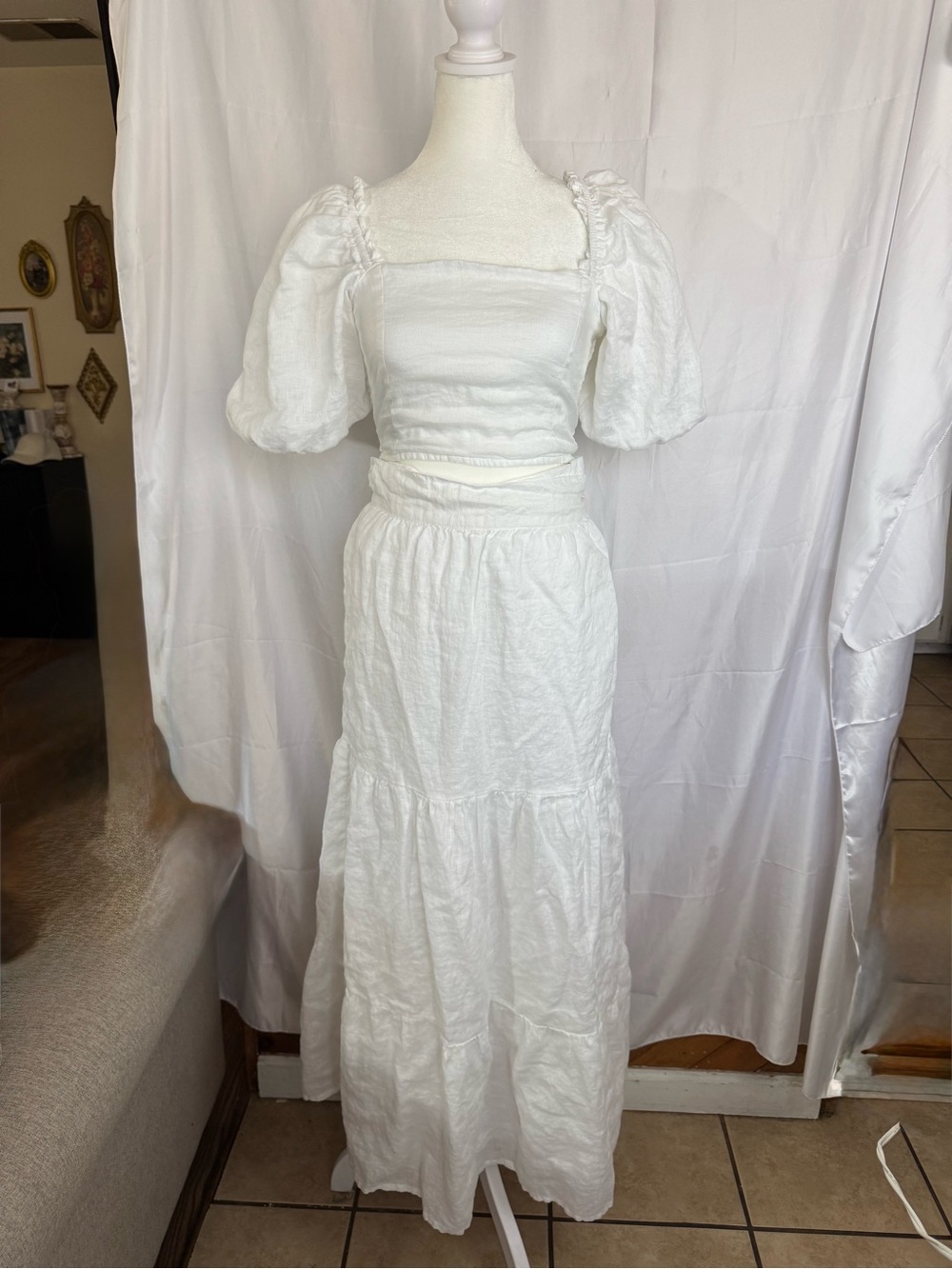 Faithfull the Brand White Linen Puff-SleeveTop Maxi Skirt/Set Size 4 - Picture 2 of 5